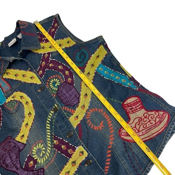 Vintage Chicos Patchwork Denim Embroidered Beaded Sequin Colorful Abstract Vest - Picture 8 of 11